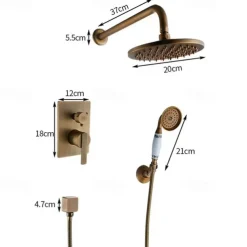 Shower Faucet Set Wall Mounted Vintage Brass, Rainfall Overhead Combo Set Bathroom Mixer Ceramic Shower Hendheld Sprayer High Pressure Black Antique