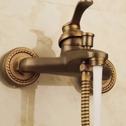 Shower Faucet Set,Mount Outside Antique Brass/Brass/Yellow Dual-Head Pullout Vintage Style, Brass Shower Faucet with Rain Shower/Handshower/Bodysprays/Drain with Hot and Cold Water