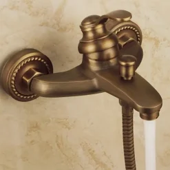 Shower Faucet Set,Mount Outside Antique Brass/Brass/Yellow Dual-Head Pullout Vintage Style, Brass Shower Faucet with Rain Shower/Handshower/Bodysprays/Drain with Hot and Cold Water