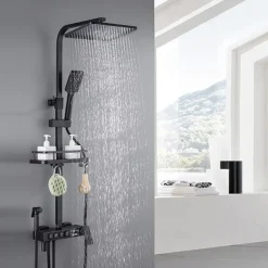 Shower Faucet with LED Display Thermostatic Mixer valve Set Handshower Included Pullout/Shelf Rainfall Shower Electroplated Mount Outside Ceramic Valve Bath Shower Mixer Taps