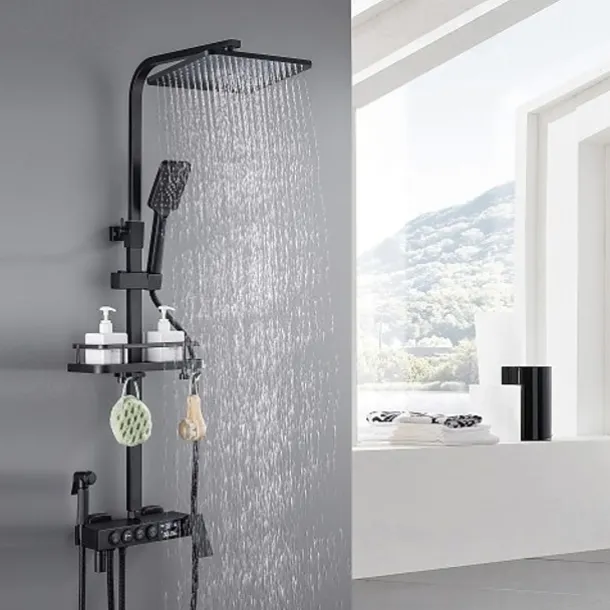 Shower Faucet with LED Display Thermostatic Mixer valve Set Handshower Included Pullout/Shelf Rainfall Shower Electroplated Mount Outside Ceramic Valve Bath Shower Mixer Taps