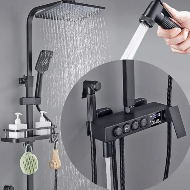 Shower Faucet with LED Display Thermostatic Mixer valve Set Handshower Included Pullout/Shelf Rainfall Shower Electroplated Mount Outside Ceramic Valve Bath Shower Mixer Taps
