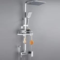Shower Faucet with LED Display Thermostatic Mixer valve Set Handshower Included Pullout/Shelf Rainfall Shower Electroplated Mount Outside Ceramic Valve Bath Shower Mixer Taps
