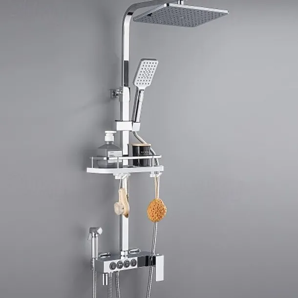 Shower Faucet with LED Display Thermostatic Mixer valve Set Handshower Included Pullout/Shelf Rainfall Shower Electroplated Mount Outside Ceramic Valve Bath Shower Mixer Taps