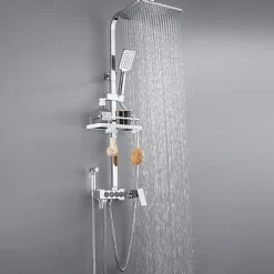 Shower Faucet with LED Display Thermostatic Mixer valve Set Handshower Included Pullout/Shelf Rainfall Shower Electroplated Mount Outside Ceramic Valve Bath Shower Mixer Taps