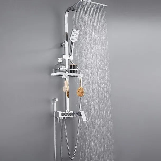 Shower Faucet with LED Display Thermostatic Mixer valve Set Handshower Included Pullout/Shelf Rainfall Shower Electroplated Mount Outside Ceramic Valve Bath Shower Mixer Taps