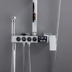 Shower Faucet with LED Display Thermostatic Mixer valve Set Handshower Included Pullout/Shelf Rainfall Shower Electroplated Mount Outside Ceramic Valve Bath Shower Mixer Taps