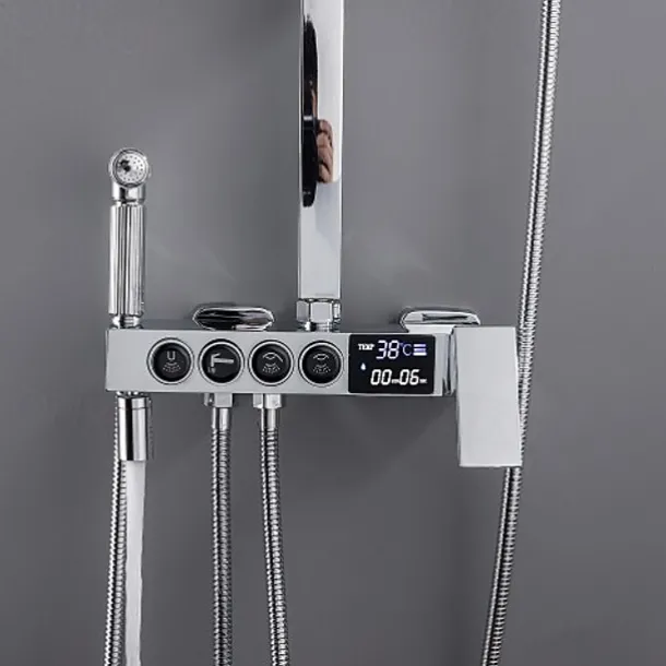 Shower Faucet with LED Display Thermostatic Mixer valve Set Handshower Included Pullout/Shelf Rainfall Shower Electroplated Mount Outside Ceramic Valve Bath Shower Mixer Taps