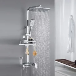 Shower Faucet with LED Display Thermostatic Mixer valve Set Handshower Included Pullout/Shelf Rainfall Shower Electroplated Mount Outside Ceramic Valve Bath Shower Mixer Taps