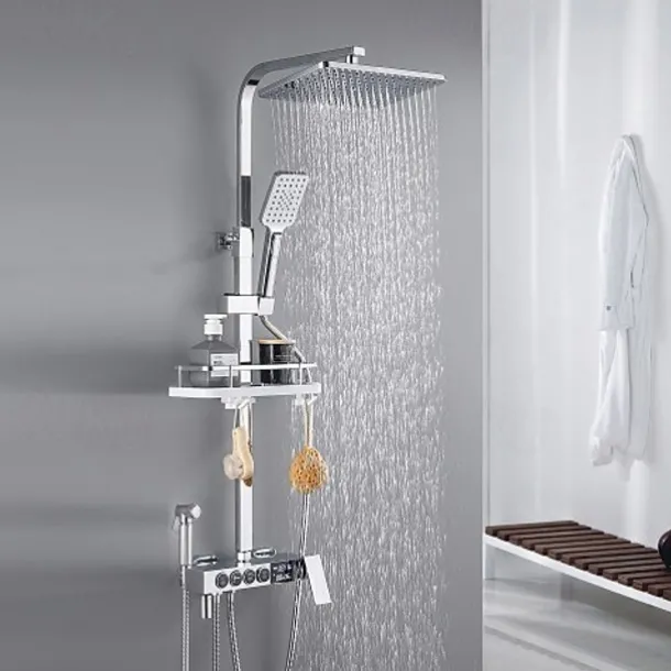 Shower Faucet with LED Display Thermostatic Mixer valve Set Handshower Included Pullout/Shelf Rainfall Shower Electroplated Mount Outside Ceramic Valve Bath Shower Mixer Taps