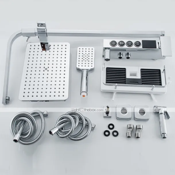 Shower Faucet with LED Display Thermostatic Mixer valve Set Handshower Included Pullout/Shelf Rainfall Shower Electroplated Mount Outside Ceramic Valve Bath Shower Mixer Taps