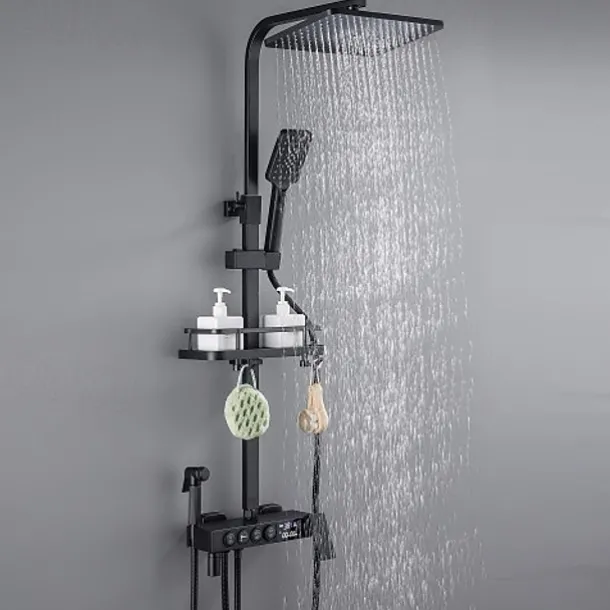 Shower Faucet with LED Display Thermostatic Mixer valve Set Handshower Included Pullout/Shelf Rainfall Shower Electroplated Mount Outside Ceramic Valve Bath Shower Mixer Taps