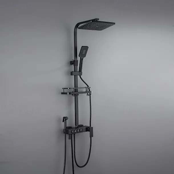 Shower Faucet with LED Display Thermostatic Mixer valve Set Handshower Included Pullout/Shelf Rainfall Shower Electroplated Mount Outside Ceramic Valve Bath Shower Mixer Taps