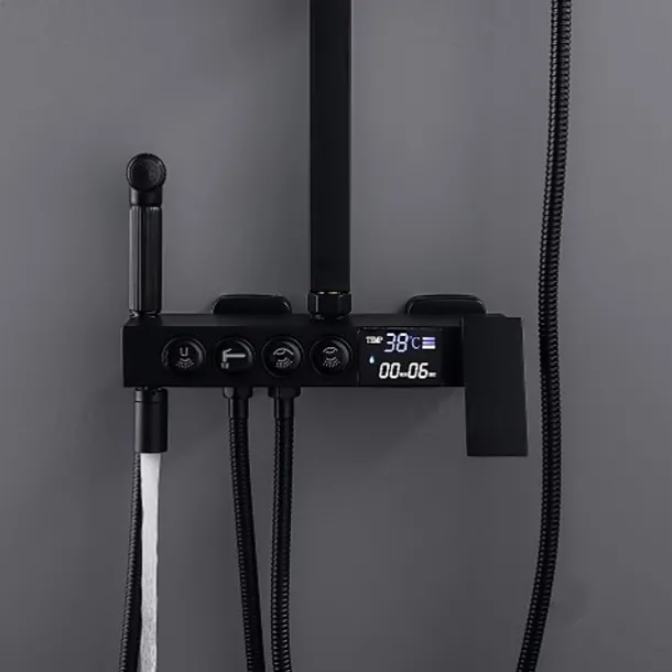 Shower Faucet with LED Display Thermostatic Mixer valve Set Handshower Included Pullout/Shelf Rainfall Shower Electroplated Mount Outside Ceramic Valve Bath Shower Mixer Taps