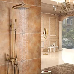 Shower Faucet,Antique Brass Shower System Set,Mount Outside Waterfall Pullout Included Multi Spray and Rainfall Shower Bath Shower Mixer Taps with Cold and Hot Switch