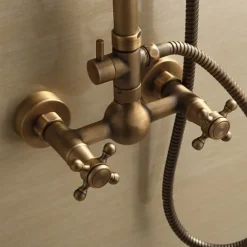 Shower Faucet,Bathroom Shower Fixture Brass Rainfall Shower Head Set with Tub Spout Shower Faucet and Handheld Spray Wall Mount Double Cross Handle with Cold/Hot Water