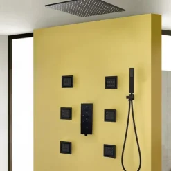 Shower Faucet,Contemporary Black Bath Shower Faucet Set / 16 Inch Bathroom Rain LED Shower Head / Hot And Cold Mixer Valve / Brass Hand Shower Included