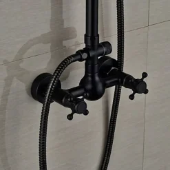 Shower Faucet,Copper Shower System Set Rainfall Antique Oil-rubbed Bronze Two Handles Three Holes Bath Shower Mixer Taps with Hot and Cold Switch and Ceramic Valve