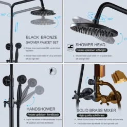 Shower Faucet,Copper Shower System Set Rainfall Antique Oil-rubbed Bronze Two Handles Three Holes Bath Shower Mixer Taps with Hot and Cold Switch and Ceramic Valve