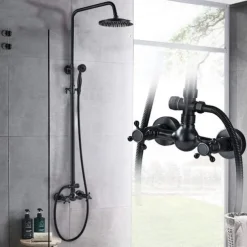 Shower Faucet,Copper Shower System Set Rainfall Antique Oil-rubbed Bronze Two Handles Three Holes Bath Shower Mixer Taps with Hot and Cold Switch and Ceramic Valve