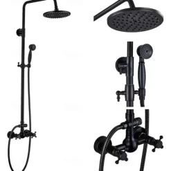 Shower Faucet,Copper Shower System Set Rainfall Antique Oil-rubbed Bronze Two Handles Three Holes Bath Shower Mixer Taps with Hot and Cold Switch and Ceramic Valve