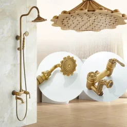 Shower Faucet,Rainfall Shower System Body Jet Massage Set - Handshower Included pullout Rainfall Shower Antique Vintage Style Antique Brass Mount Inside Brass Valve Bath Shower Mixer Taps