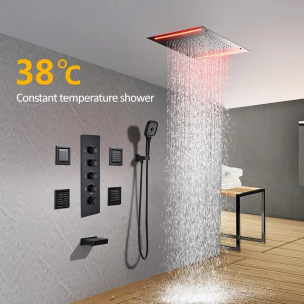 Shower Faucet,Rainfall Shower Head System / Thermostatic Mixer valve Set - Rainfall Shower Contemporary Painted Finishes Mount Inside Brass Valve Bath Shower Mixer Taps