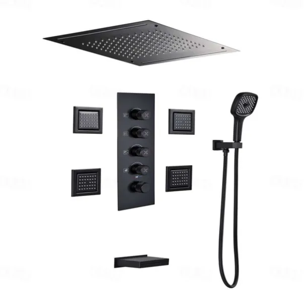 Shower Faucet,Rainfall Shower Head System / Thermostatic Mixer valve Set - Rainfall Shower Contemporary Painted Finishes Mount Inside Brass Valve Bath Shower Mixer Taps