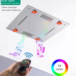 Shower Faucet,Rainfall Shower Head LED Waterfall Rain Contemporary Chrome/Painted Finishes Ceiling Mounted Bath Showerhead for Shower Room Bluetooth Remote Control Bathroom Plumbing Accessories