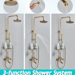 Shower Faucet,Shower System Set,Rainfall Antique Brass Shower Fixture 8 Inch Shower Head Handled Shower Waterfall Tub Spout Wall Mounted Outdoor Shower System with Shower Shelf