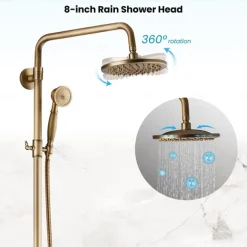 Shower Faucet,Shower System Set,Rainfall Antique Brass Shower Fixture 8 Inch Shower Head Handled Shower Waterfall Tub Spout Wall Mounted Outdoor Shower System with Shower Shelf