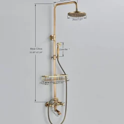 Shower Faucet,Shower System Set,Rainfall Antique Brass Shower Fixture 8 Inch Shower Head Handled Shower Waterfall Tub Spout Wall Mounted Outdoor Shower System with Shower Shelf