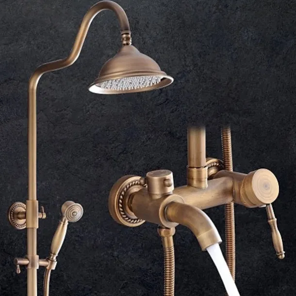 Shower Faucet,Shower System Set - Handshower Included pullout Waterfall Vintage Style / Country Antique Brass Mount Outside Ceramic Valve Bath Shower Mixer Taps