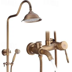 Shower Faucet,Shower System Set - Handshower Included pullout Waterfall Vintage Style / Country Antique Brass Mount Outside Ceramic Valve Bath Shower Mixer Taps