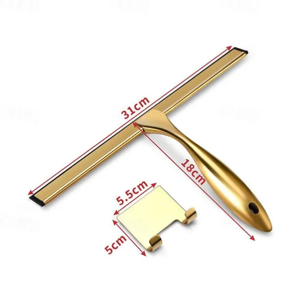 Shower Squeegee Window Glass Wiper Silicone Scraper Cleaner Stainless Steel Bathroom Mirror Wiper Scraper Glass Cleaning Accessories with Hook(Golden)