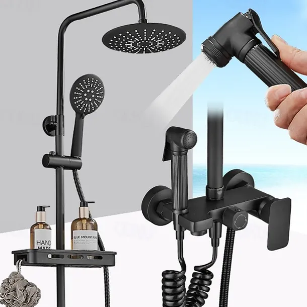 Shower System Faucet Combo Set with 8" Rain Showerhead, Multi-Function Hand Shower, Adjustable Slide Bar and Soap Dish Wall Mounted Ceramic Valve Bath Shower Mixer Taps