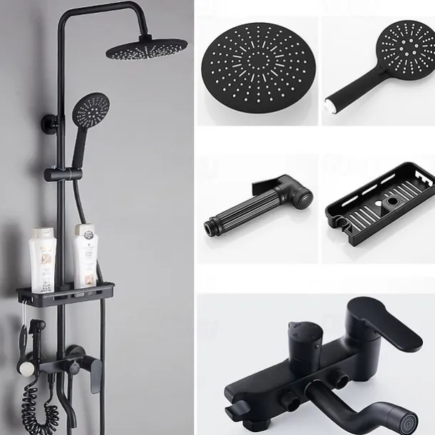 Shower System Faucet Combo Set with 8" Rain Showerhead, Multi-Function Hand Shower, Adjustable Slide Bar and Soap Dish Wall Mounted Ceramic Valve Bath Shower Mixer Taps