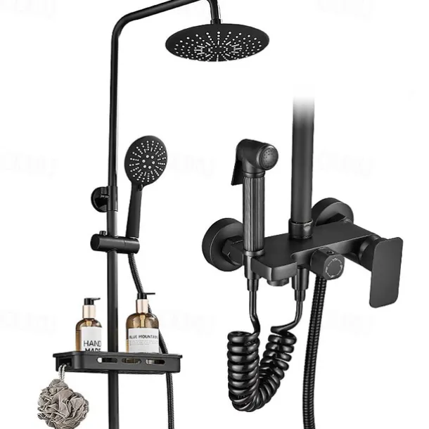 Shower System Faucet Combo Set with 8" Rain Showerhead, Multi-Function Hand Shower, Adjustable Slide Bar and Soap Dish Wall Mounted Ceramic Valve Bath Shower Mixer Taps