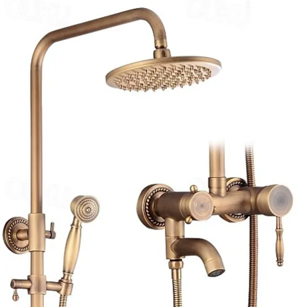 Shower System Faucet Set 8" Showerhead Golden, Rainfall Vintage Style Combo Kit with Handheld Handshower Wall Mounted, Country Antique Brass Mount Outside Ceramic Valve Bath Shower Mixer Taps