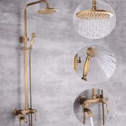 Shower System Faucet Set 8" Showerhead Golden, Rainfall Vintage Style Combo Kit with Handheld Handshower Wall Mounted, Country Antique Brass Mount Outside Ceramic Valve Bath Shower Mixer Taps
