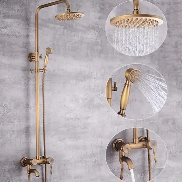 Shower System Faucet Set 8" Showerhead Golden, Rainfall Vintage Style Combo Kit with Handheld Handshower Wall Mounted, Country Antique Brass Mount Outside Ceramic Valve Bath Shower Mixer Taps