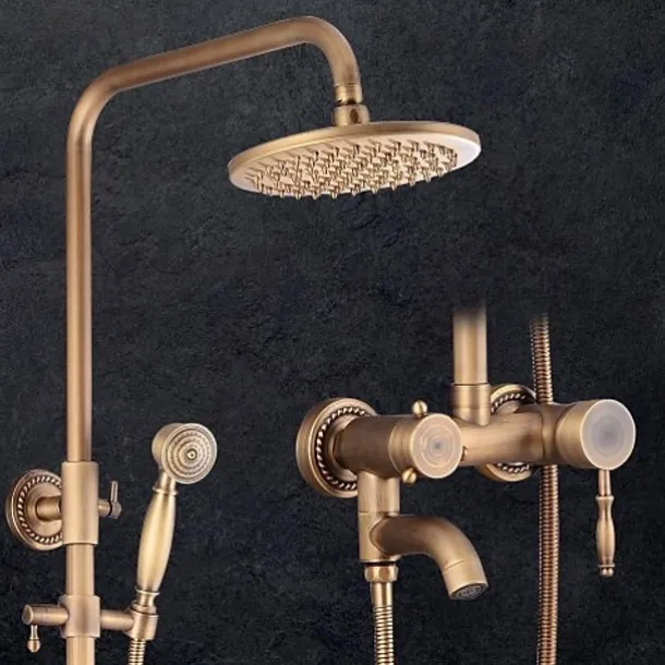 Shower System Faucet Set 8" Showerhead Golden, Rainfall Vintage Style Combo Kit with Handheld Handshower Wall Mounted, Country Antique Brass Mount Outside Ceramic Valve Bath Shower Mixer Taps