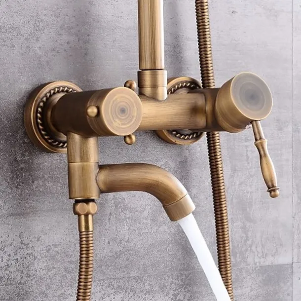 Shower System Faucet Set 8" Showerhead Golden, Rainfall Vintage Style Combo Kit with Handheld Handshower Wall Mounted, Country Antique Brass Mount Outside Ceramic Valve Bath Shower Mixer Taps