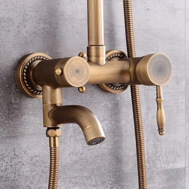 Shower System Faucet Set 8" Showerhead Golden, Rainfall Vintage Style Combo Kit with Handheld Handshower Wall Mounted, Country Antique Brass Mount Outside Ceramic Valve Bath Shower Mixer Taps