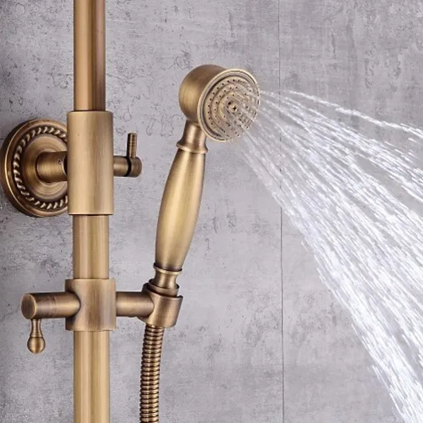 Shower System Faucet Set 8" Showerhead Golden, Rainfall Vintage Style Combo Kit with Handheld Handshower Wall Mounted, Country Antique Brass Mount Outside Ceramic Valve Bath Shower Mixer Taps