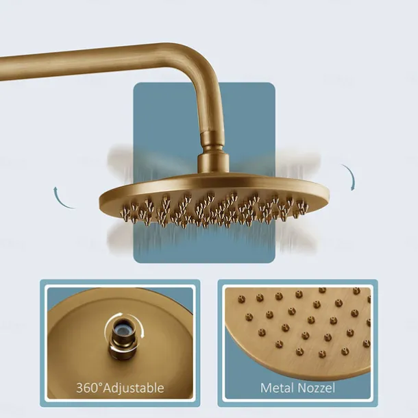 Shower System Faucet Set 8" Showerhead Golden, Rainfall Vintage Style Combo Kit with Handheld Handshower Wall Mounted, Country Antique Brass Mount Outside Ceramic Valve Bath Shower Mixer Taps