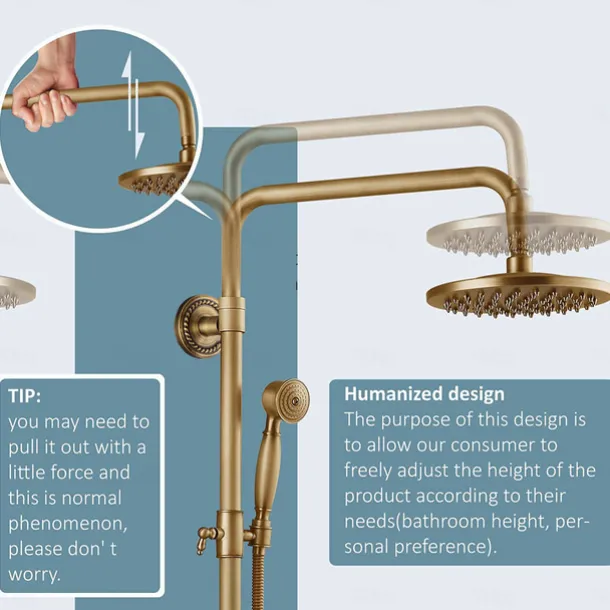 Shower System Faucet Set 8" Showerhead Golden, Rainfall Vintage Style Combo Kit with Handheld Handshower Wall Mounted, Country Antique Brass Mount Outside Ceramic Valve Bath Shower Mixer Taps