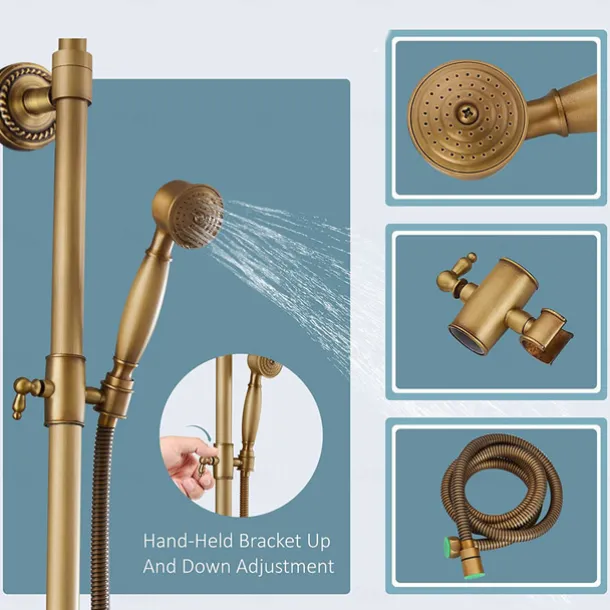 Shower System Faucet Set 8" Showerhead Golden, Rainfall Vintage Style Combo Kit with Handheld Handshower Wall Mounted, Country Antique Brass Mount Outside Ceramic Valve Bath Shower Mixer Taps