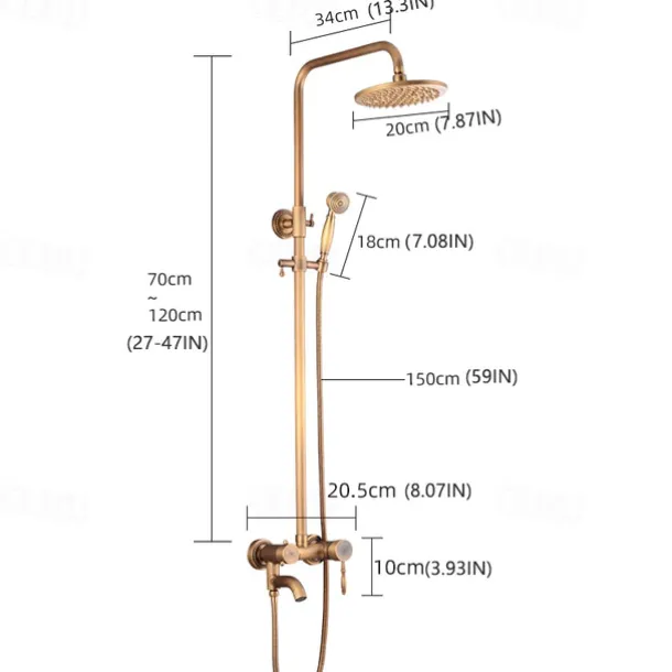 Shower System Faucet Set 8" Showerhead Golden, Rainfall Vintage Style Combo Kit with Handheld Handshower Wall Mounted, Country Antique Brass Mount Outside Ceramic Valve Bath Shower Mixer Taps