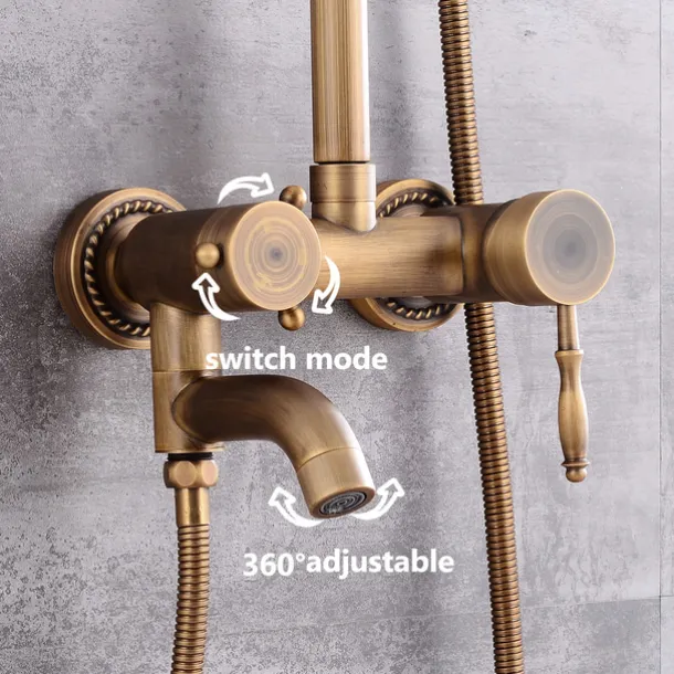 Shower System Faucet Set 8" Showerhead Golden, Rainfall Vintage Style Combo Kit with Handheld Handshower Wall Mounted, Country Antique Brass Mount Outside Ceramic Valve Bath Shower Mixer Taps